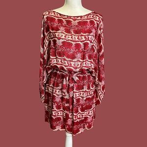 Parker 100% Silk Red Python Snakeskin Print Blouson Sleeve Belted Mini Dress M